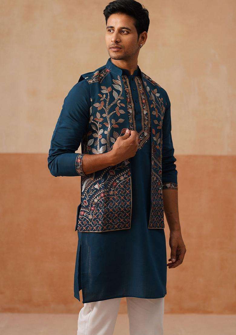 Navy Blue Embroidery Silk Nehru Jacket Kurta Set For Men - Indya