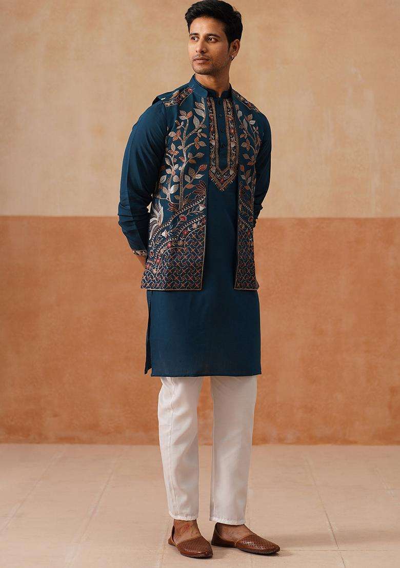 Navy Blue Embroidery Silk Nehru Jacket Kurta Set For Men - Indya