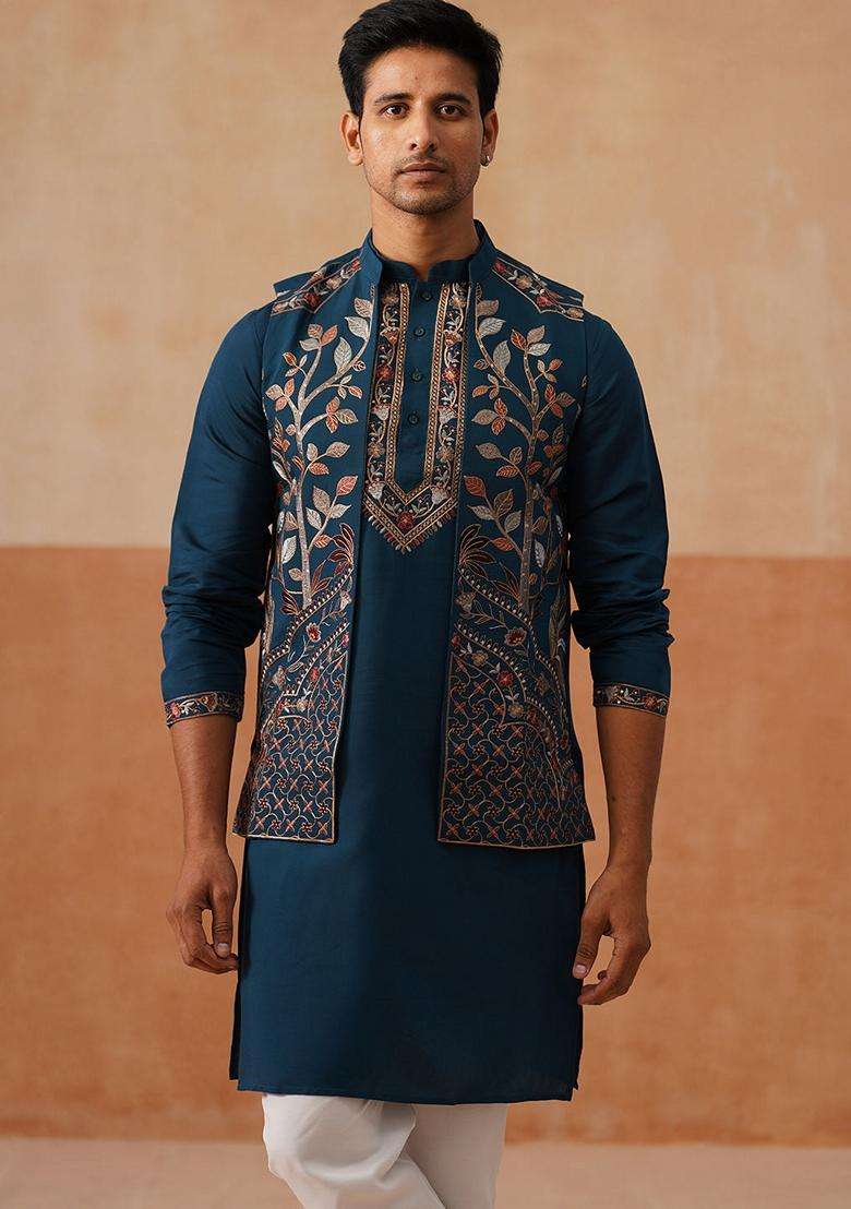 Navy Blue Embroidery Silk Nehru Jacket Kurta Set For Men - Indya