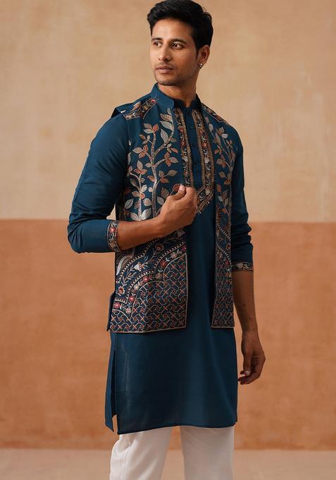 Navy Blue Embroidery Silk Nehru Jacket Kurta Set For Men