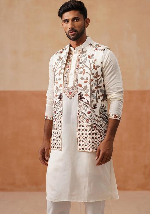 White Embroidery Silk Nehru Jacket Kurta Set For Men