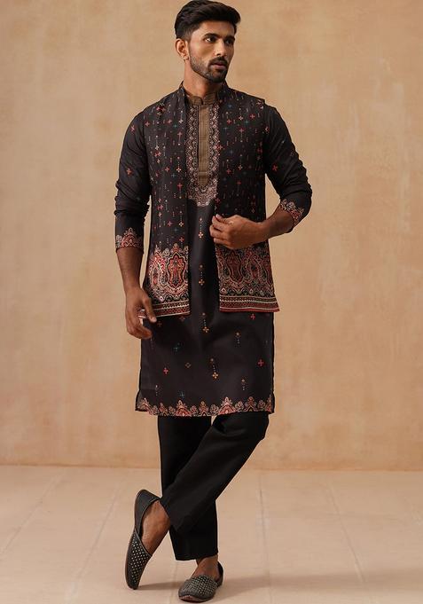 Black Printed Silk Nehru Jacket Kurta Set For Men