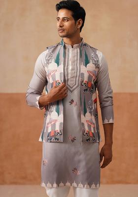 Navy Blue Printed Silk Blend Nehru Jacket Kurta Set For Men