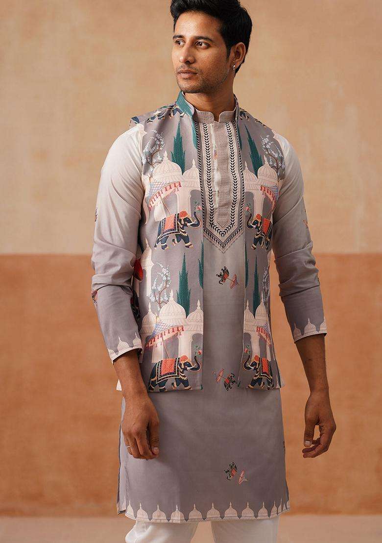 Navy Blue Printed Silk Blend Nehru Jacket Kurta Set For Men - Indya