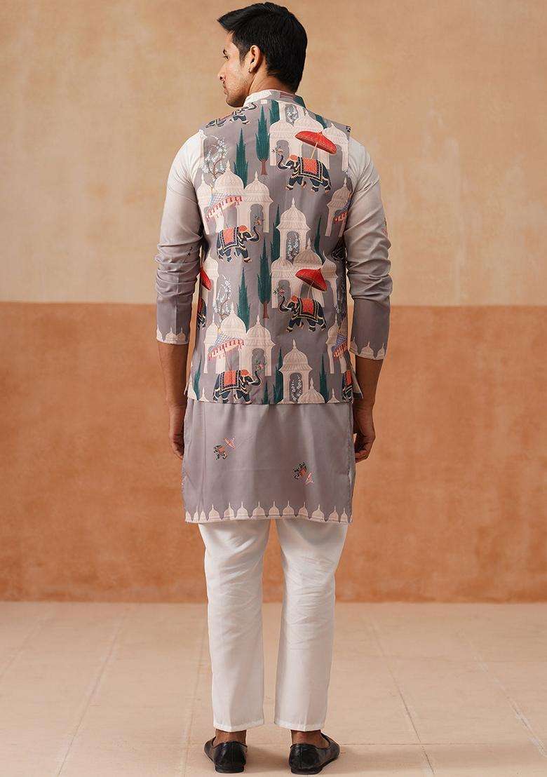 Navy Blue Printed Silk Blend Nehru Jacket Kurta Set For Men - Indya