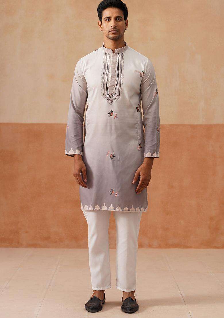 Navy Blue Printed Silk Blend Nehru Jacket Kurta Set For Men - Indya