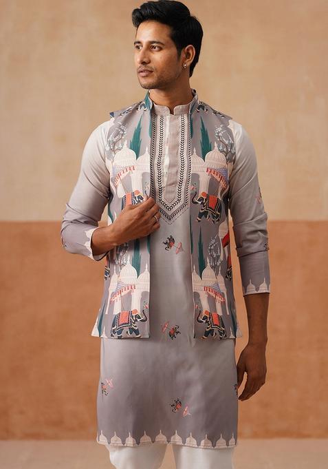 Navy Blue Printed Silk Blend Nehru Jacket Kurta Set For Men