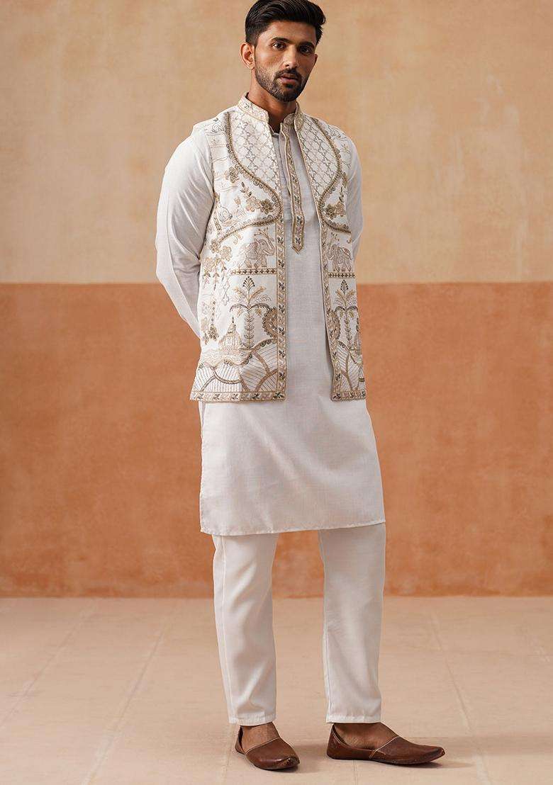 White Embroidery Silk Blend Nehru Jacket Kurta Set For Men - Indya