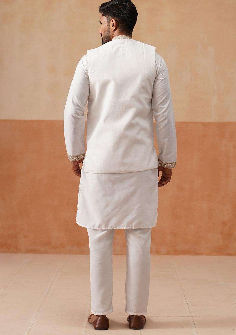 White Embroidery Silk Blend Nehru Jacket Kurta Set For Men - Indya