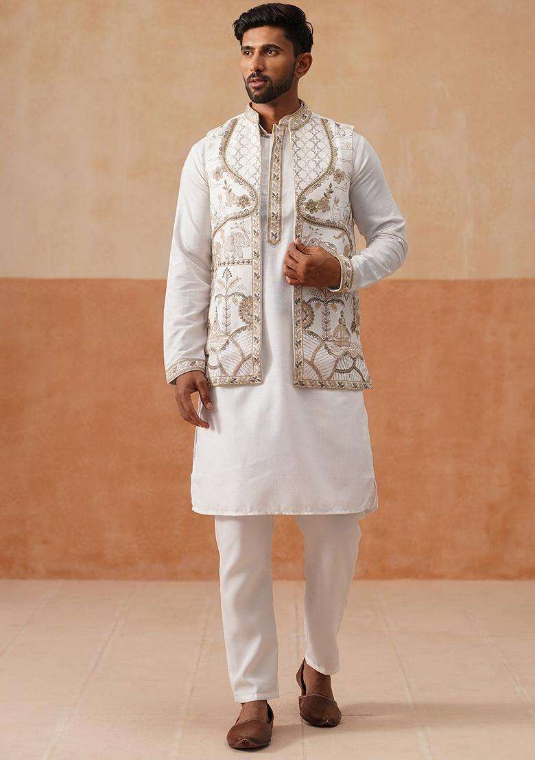 White Embroidery Silk Blend Nehru Jacket Kurta Set For Men - Indya