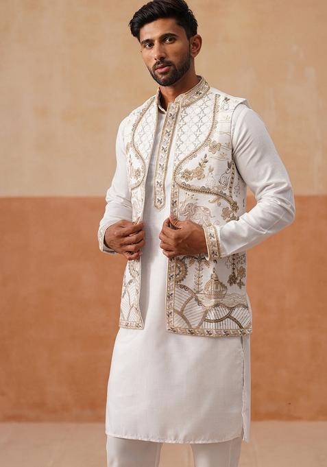 White Embroidery Silk Nehru Jacket Kurta Set For Men