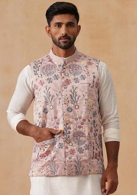 Navy Blue Embroidery Silk Waistcoat Nehru Jacket For Men