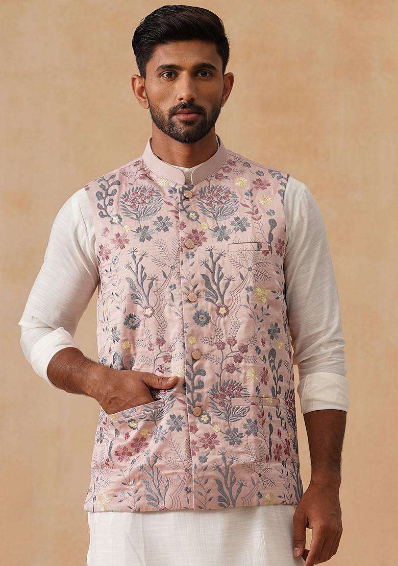 Navy Blue Embroidery Silk Waistcoat Nehru Jacket For Men - Indya