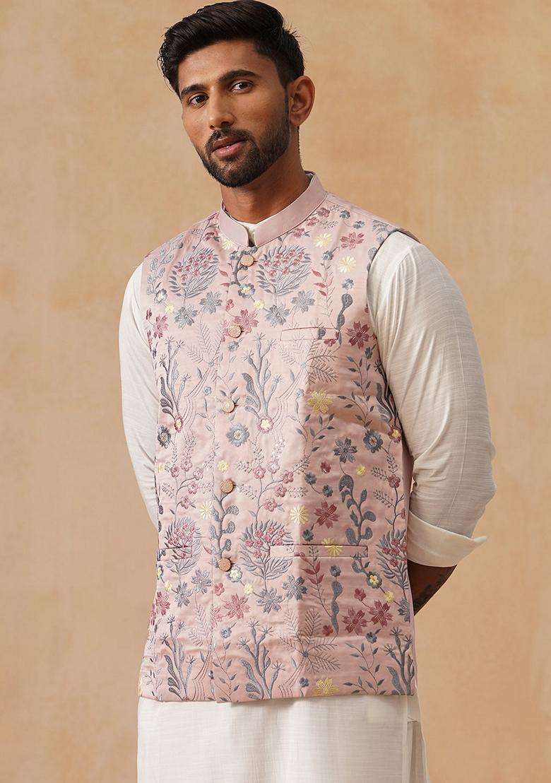 Navy Blue Embroidery Silk Waistcoat Nehru Jacket For Men - Indya