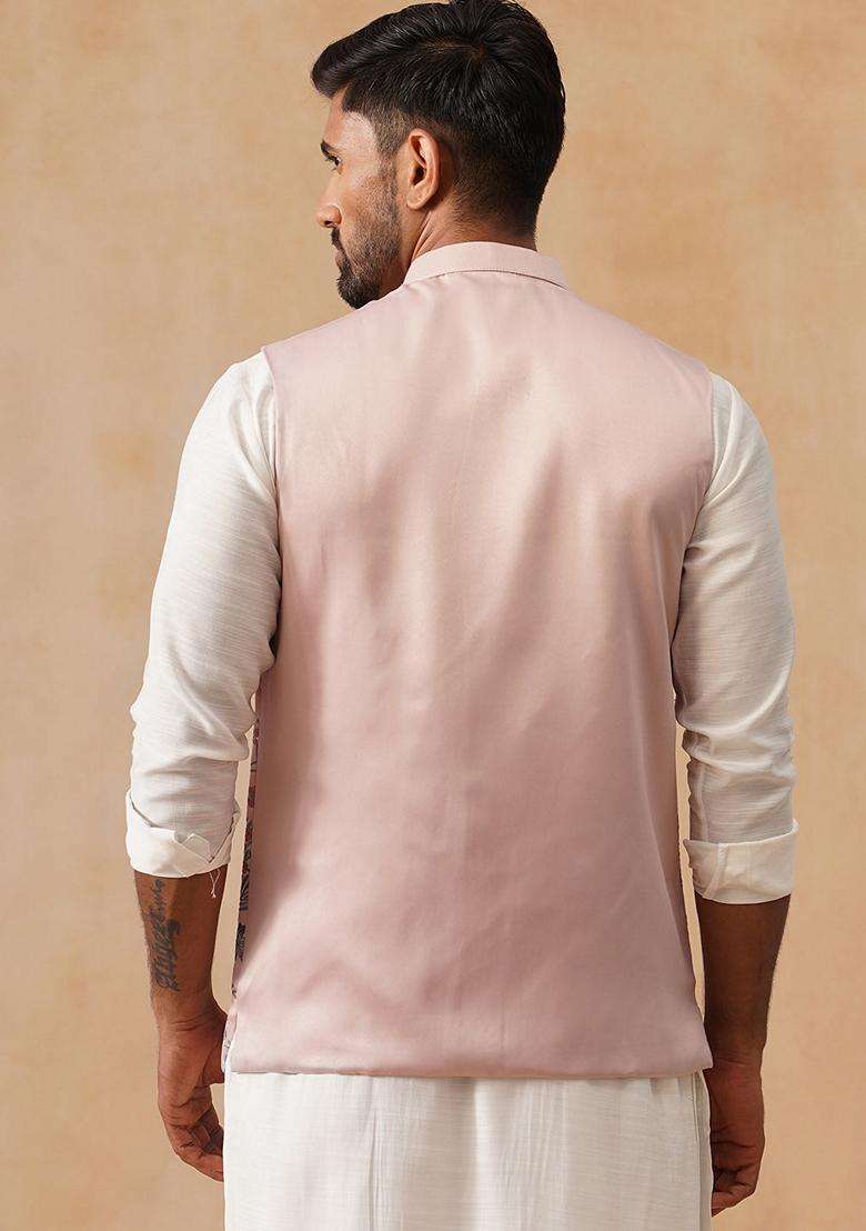 Navy Blue Embroidery Silk Waistcoat Nehru Jacket For Men - Indya