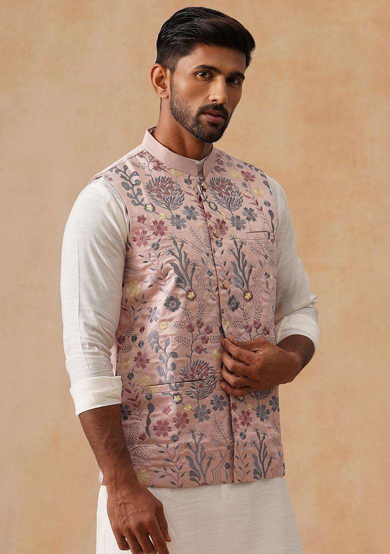 Navy Blue Embroidery Silk Waistcoat Nehru Jacket For Men - Indya