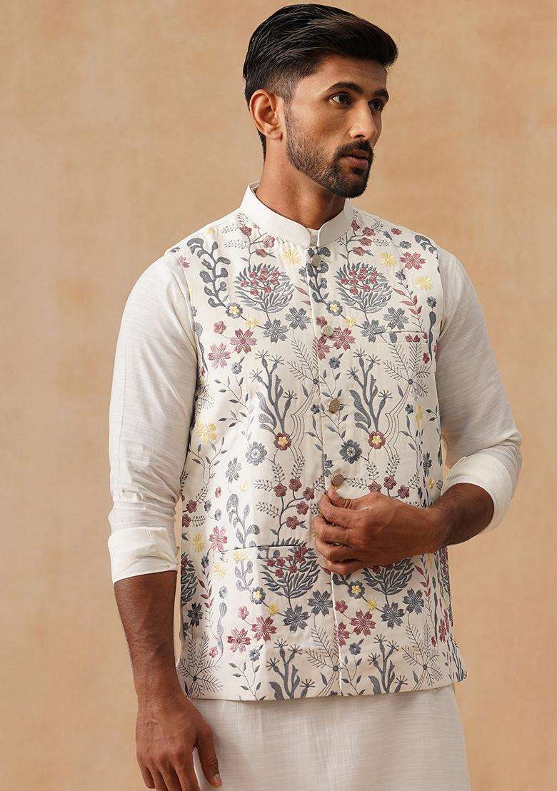 White Embroidery Silk Waistcoat Nehru Jacket For Men - Indya