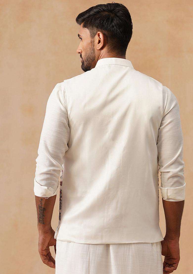 White Embroidery Silk Waistcoat Nehru Jacket For Men - Indya