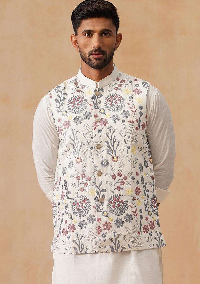 White Embroidery Silk Waistcoat Nehru Jacket For Men - Indya