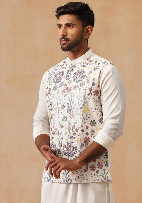 White Embroidery Silk Waistcoat Nehru Jacket For Men
