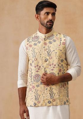 Navy Blue Embroidery Silk Waistcoat Nehru Jacket For Men