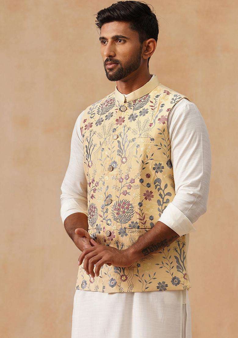 Navy Blue Embroidery Silk Waistcoat Nehru Jacket For Men - Indya