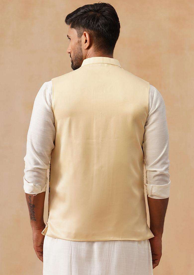 Navy Blue Embroidery Silk Waistcoat Nehru Jacket For Men - Indya