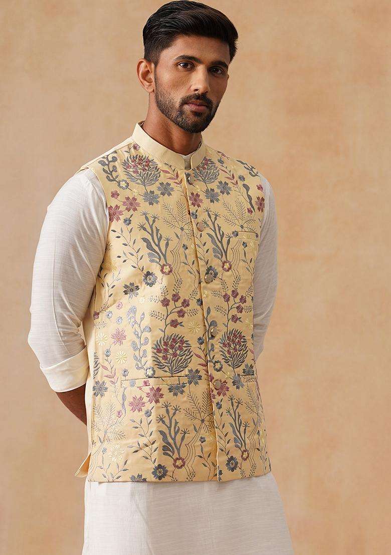 Navy Blue Embroidery Silk Waistcoat Nehru Jacket For Men - Indya
