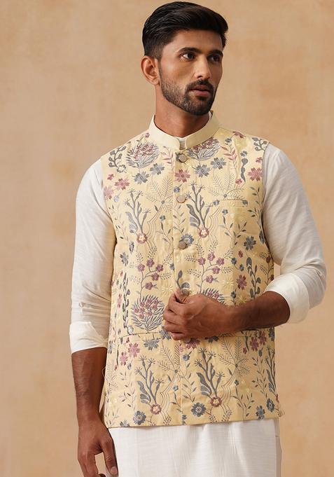 Navy Blue Embroidery Silk Waistcoat Nehru Jacket For Men