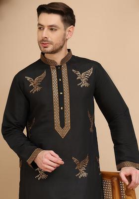 Navy Blue Embroidery Cotton Kurta For Men