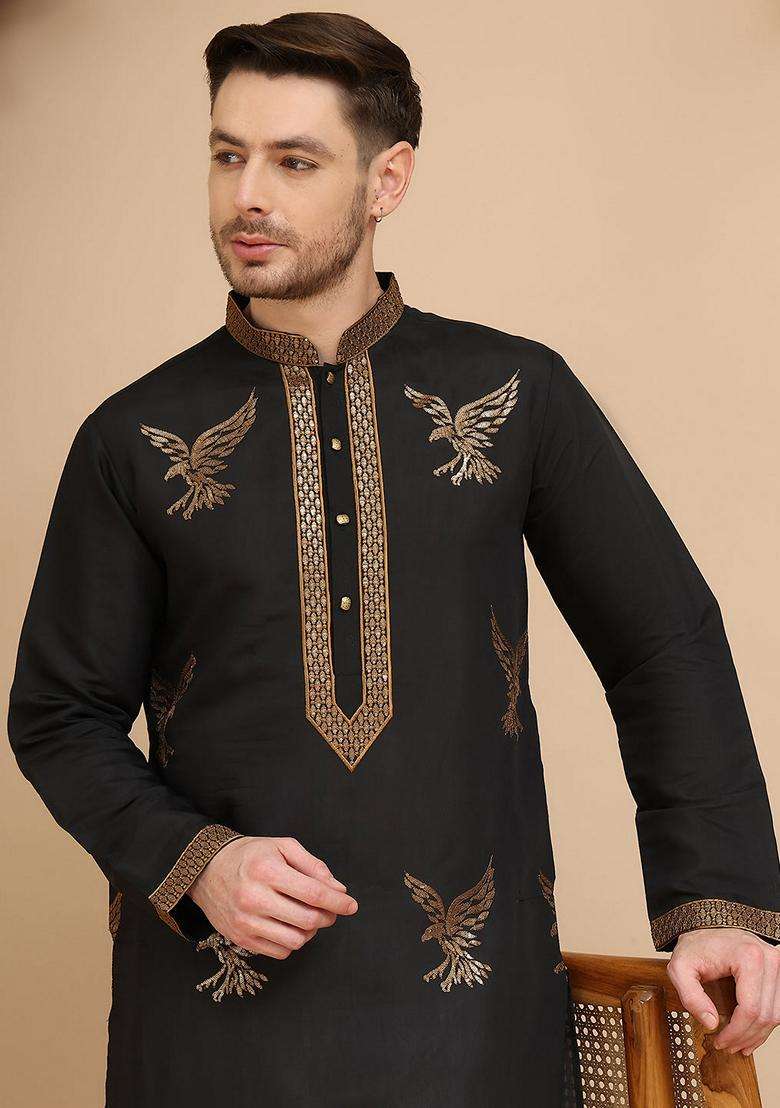 Navy Blue Embroidery Cotton Kurta For Men - Indya