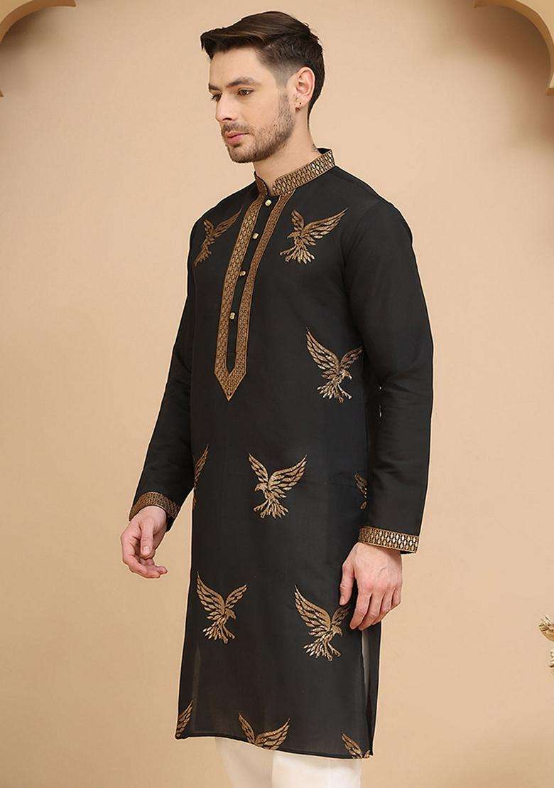 Navy Blue Embroidery Cotton Kurta For Men - Indya