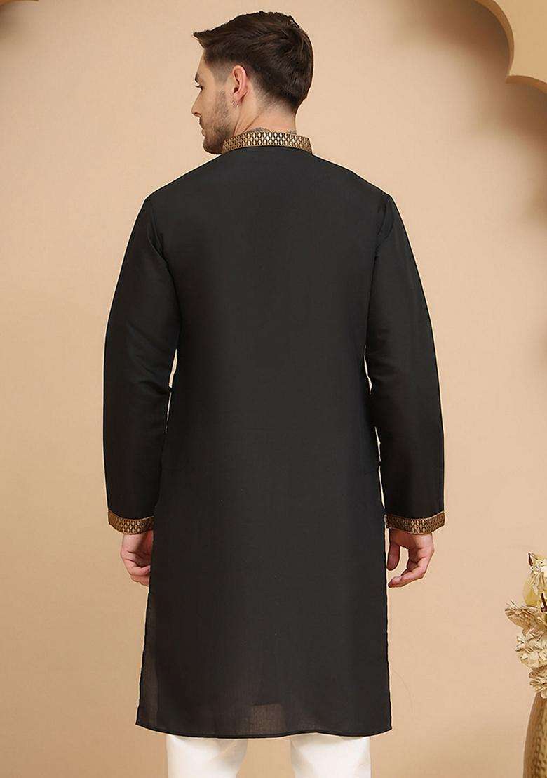 Navy Blue Embroidery Cotton Kurta For Men - Indya