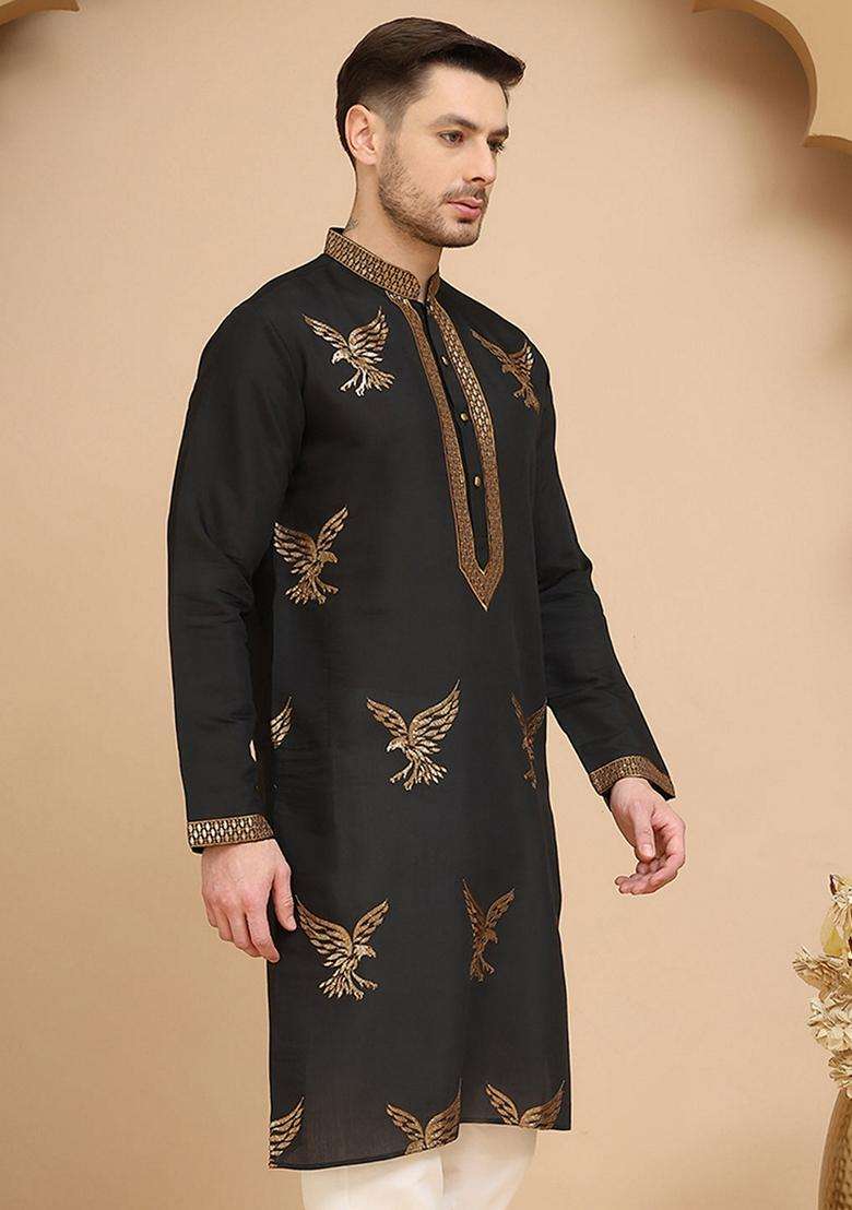 Navy Blue Embroidery Cotton Kurta For Men - Indya