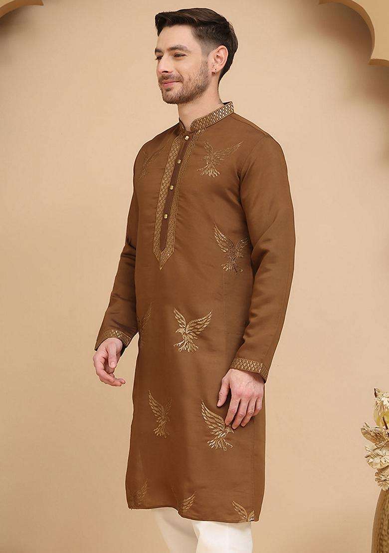 Navy Blue Embroidery Cotton Kurta For Men - Indya