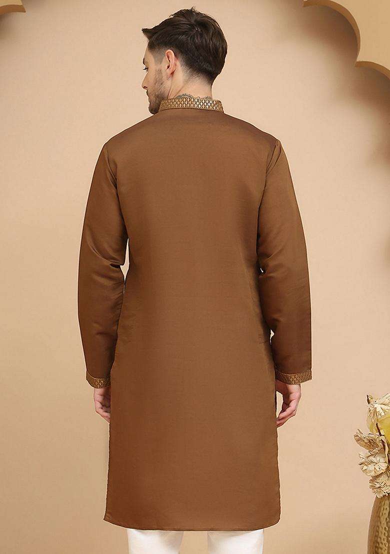 Navy Blue Embroidery Cotton Kurta For Men - Indya