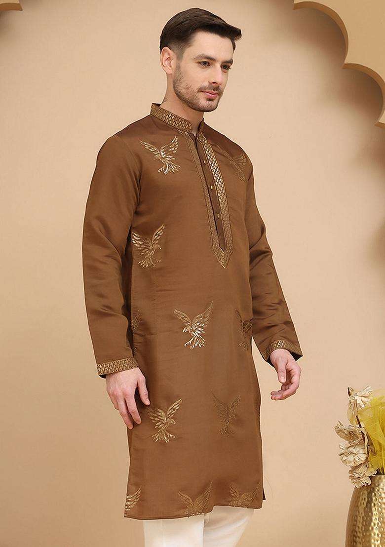 Navy Blue Embroidery Cotton Kurta For Men - Indya