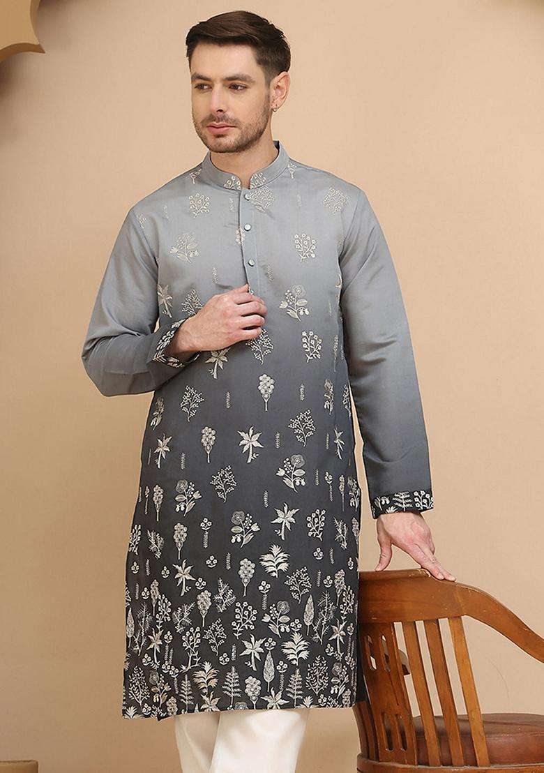 Navy Blue Embroidery Cotton Kurta For Men - Indya