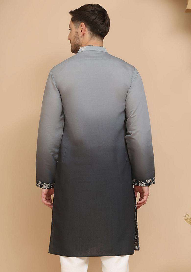 Navy Blue Embroidery Cotton Kurta For Men - Indya