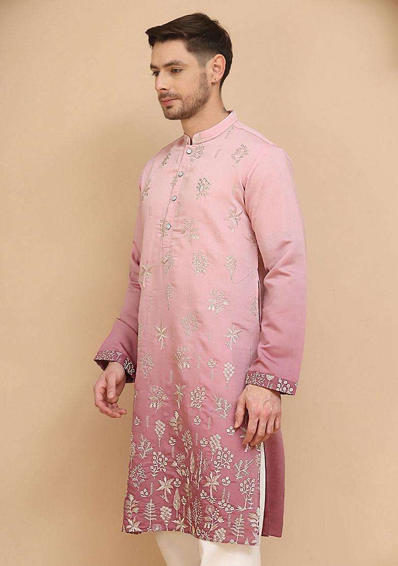 Pink Embroidery Cotton Kurta For Men - Indya