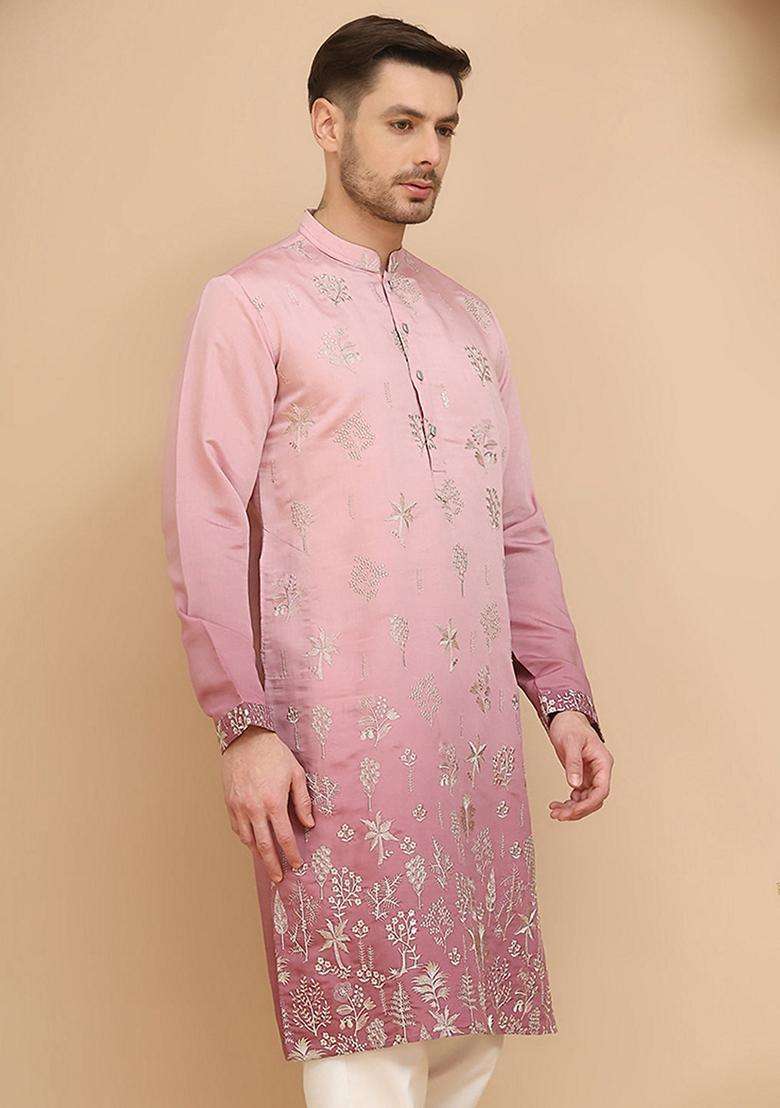 Pink Embroidery Cotton Kurta For Men - Indya