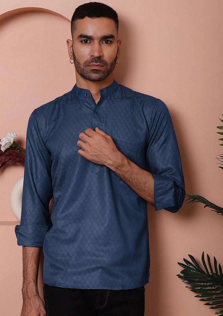 Navy Blue Woven Design Cotton Kurta For Men - Indya