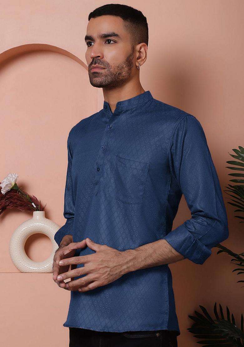 Navy Blue Woven Design Cotton Kurta For Men - Indya