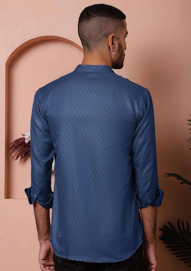 Navy Blue Woven Design Cotton Kurta For Men - Indya