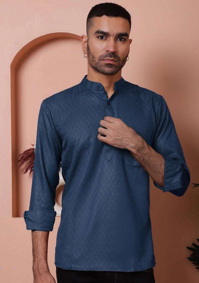 Navy Blue Woven Design Cotton Kurta For Men - Indya