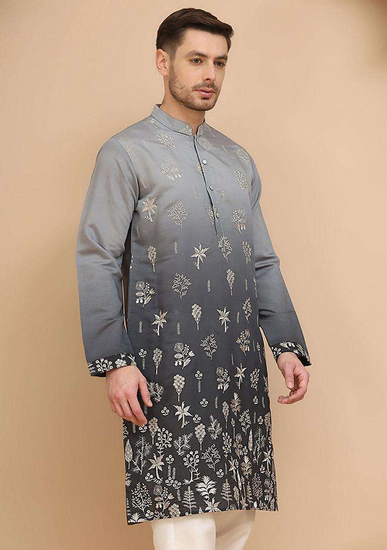 Navy Blue Embroidery Cotton Kurta For Men - Indya
