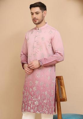 Pink Embroidery Cotton Kurta For Men