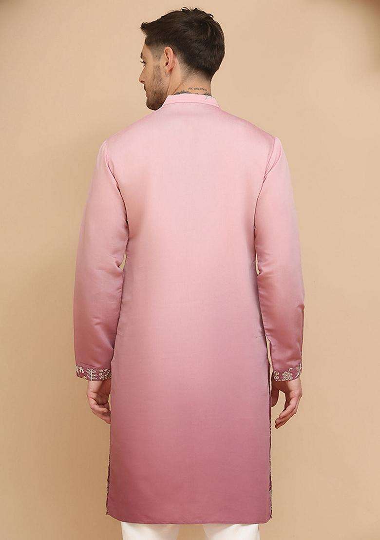 Pink Embroidery Cotton Kurta For Men - Indya