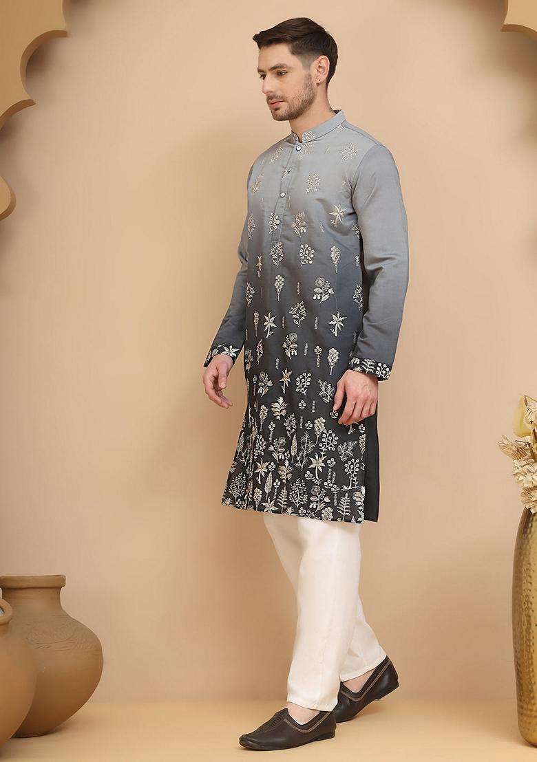 Navy Blue Embroidery Silk Blend Kurta Pyjama Set For Men - Indya