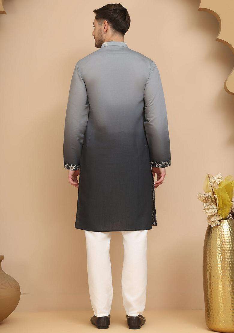 Navy Blue Embroidery Silk Blend Kurta Pyjama Set For Men - Indya